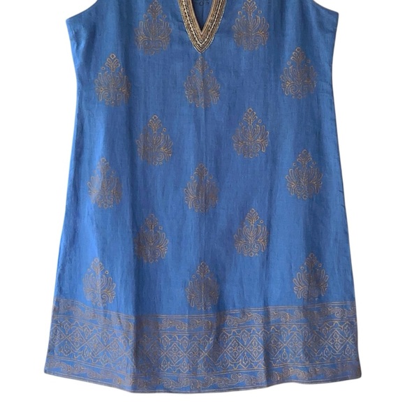 SOFT SURROUNDINGS | NWOT PURE LINEN PERIWINKLE BLUE GOLD BEADED DRESS | MEDIUM - Picture 4 of 9